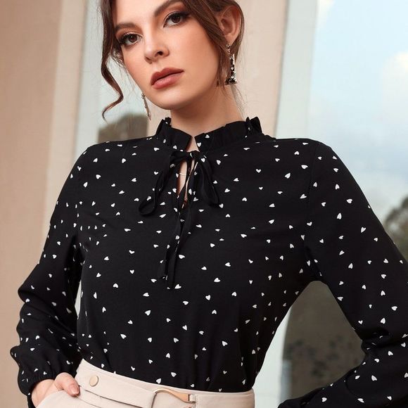 Tops - New Heart Print Frill Tie Neck Blouse Black